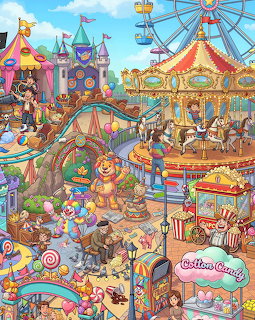 Colorful cartoon funfair with carousel, Ferris wheel, cotton candy stand, clowns, and crowds