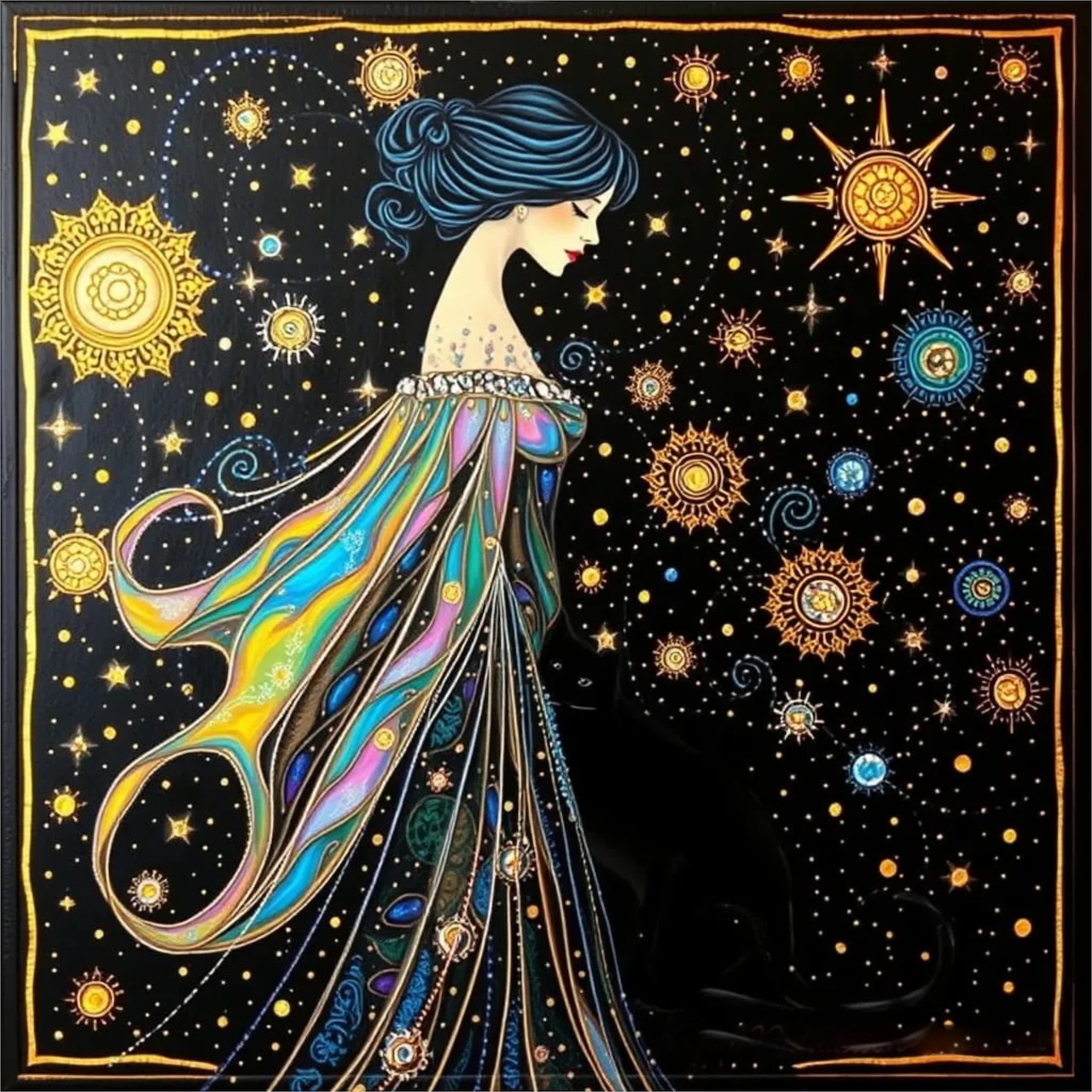 Elegant woman with long flowing rainbow hair in ornate dress against starry cosmic background with golden sun symbols