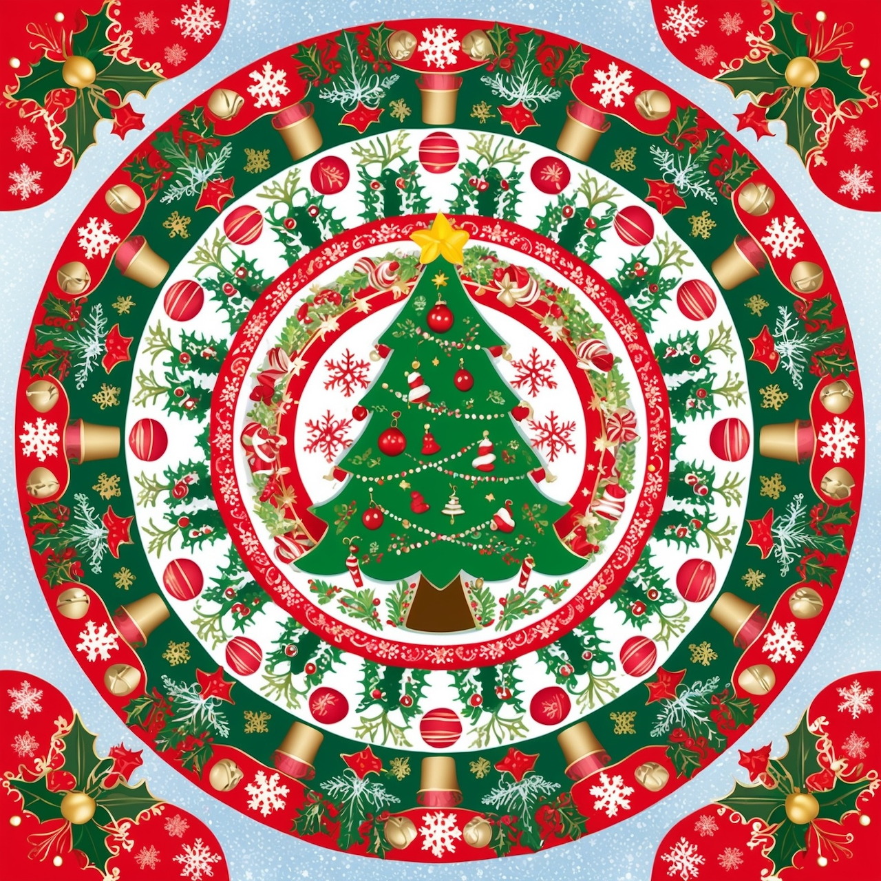 Circular Christmas mandala with decorated tree at center, ornaments, holly, and snowflakes in red, green, white, and gold