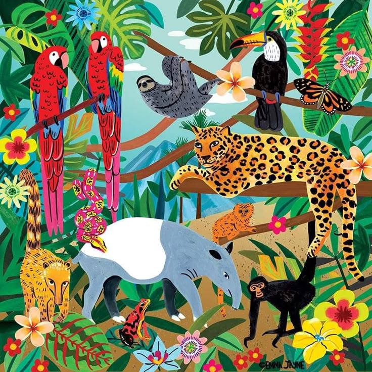 Colorful jungle scene with parrots, leopard, toucan, sloth, and tropical plants