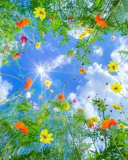 Colorful wildflowers reaching up toward a sunny blue sky with clouds, seen from below