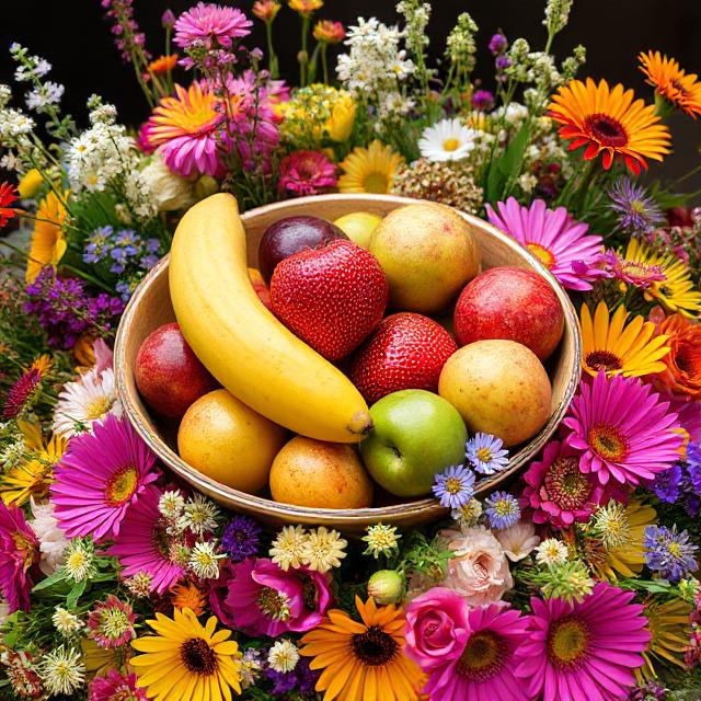 Bowl of bananas, apples, and citrus fruits encircled by pink, orange, and yellow flowers