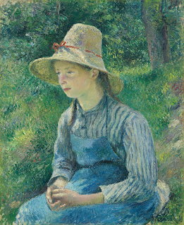 Impressionist painting of peasant girl in straw hat and blue dress seated outdoors