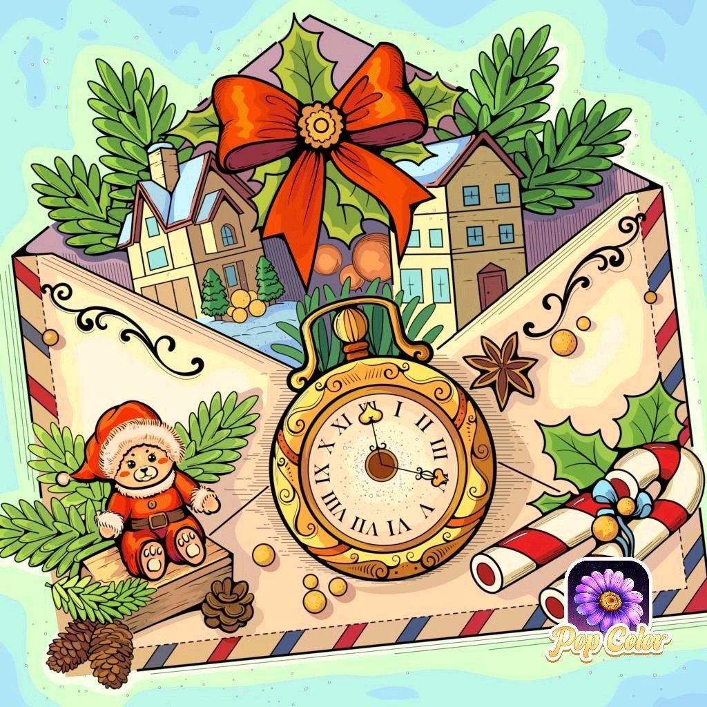 Whimsical Christmas envelope with clock, candy cane, houses, red bow, and festive decorations