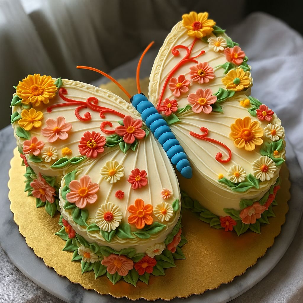 Butterfly-shaped cake decorated with colorful flower frosting on gold board