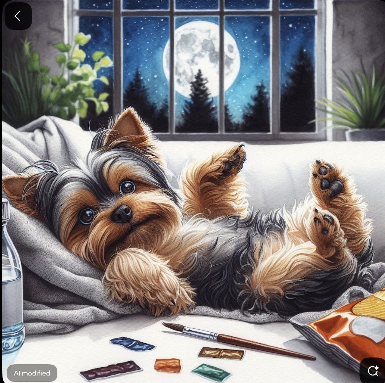 Two Yorkshire Terrier dogs lounging on a couch with a full moon and stary night visible through window