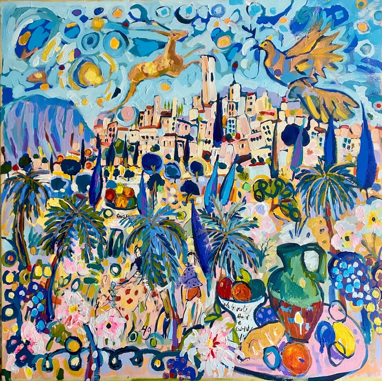 Vibrant painting of a Mediterranean hillside village with palm trees and colorful flowers under a swirling blue sky