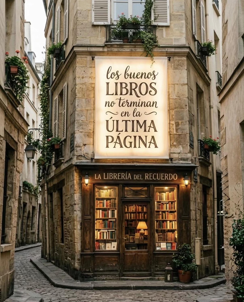 Cozy corner bookstore with illuminated sign and books visible through windows on a cobblestone European street.