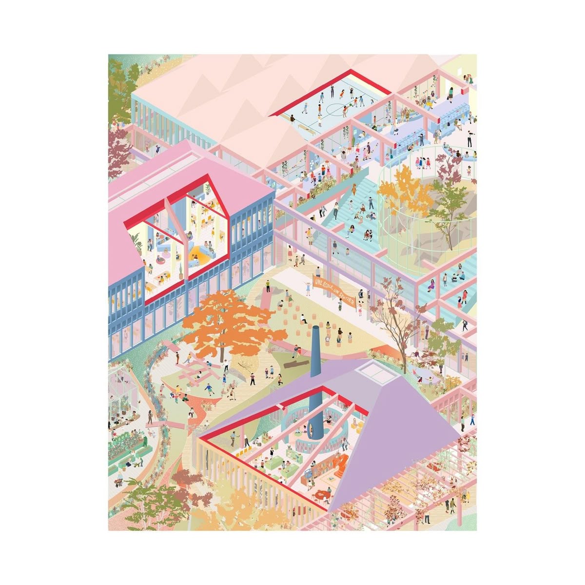 Isometric illustration of courtyard with buildings, cherry trees, and people