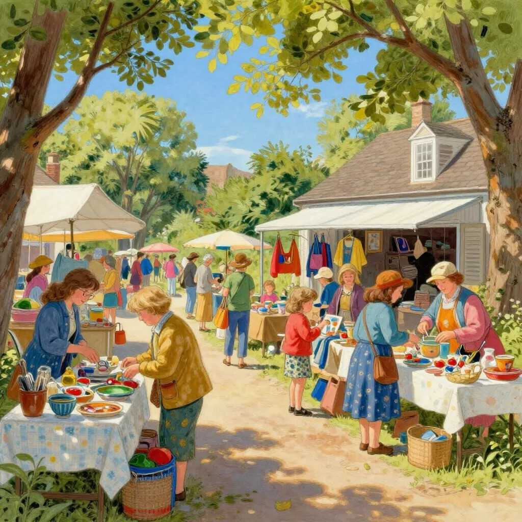 Painting of people at a sunny outdoor yard sale with tables of goods under trees