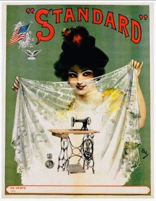 Vintage Standard sewing machine advertisement with woman holding white lace fabric
