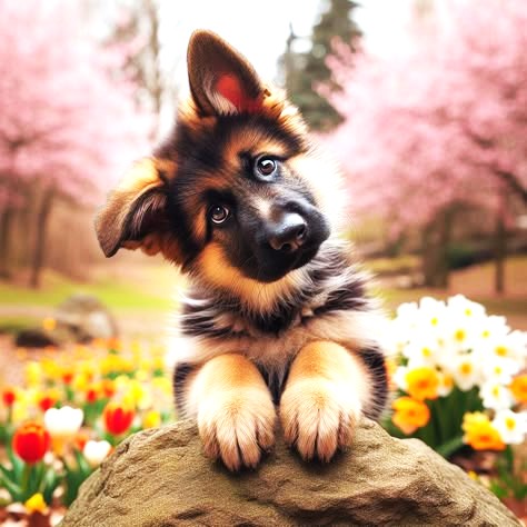 German shepherd puppy sitting in a garden surrounded by flowers