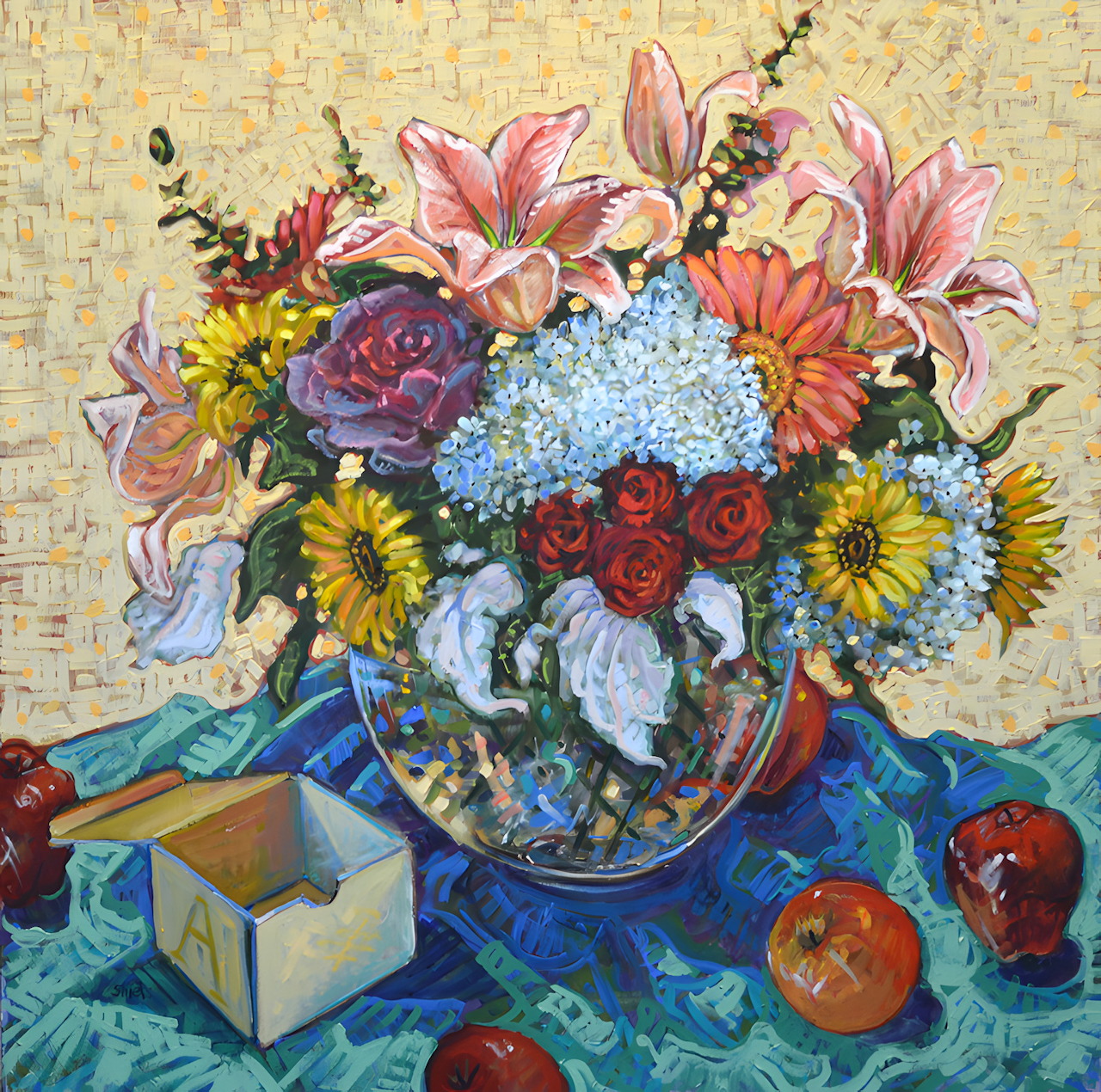 Colorful floral bouquet with roses, lilies, sunflowers in glass vase beside red apples on mosaic background