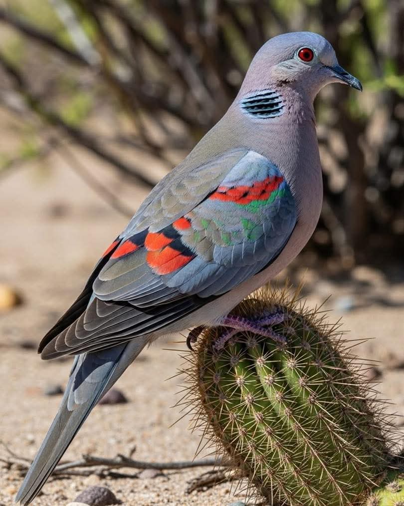 Colorful dove perched on a small cactus in a sandy desert scene