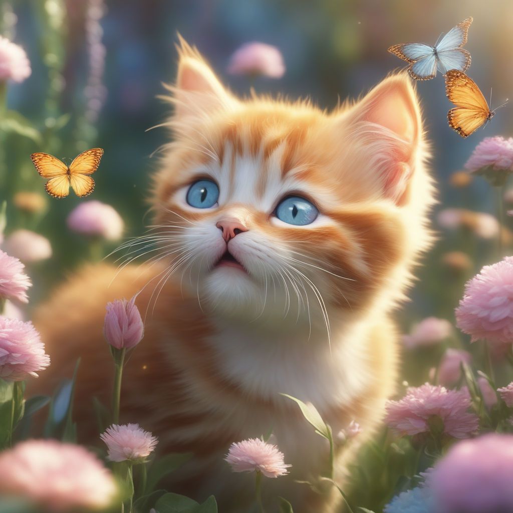 Orange kitten with blue eyes looking up at butterflies in a flower garden
