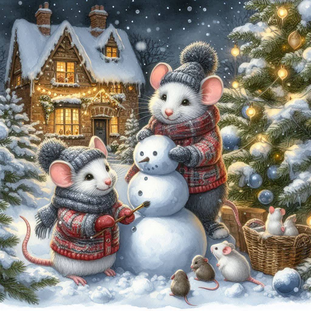 Mice Building Snowman Christmas