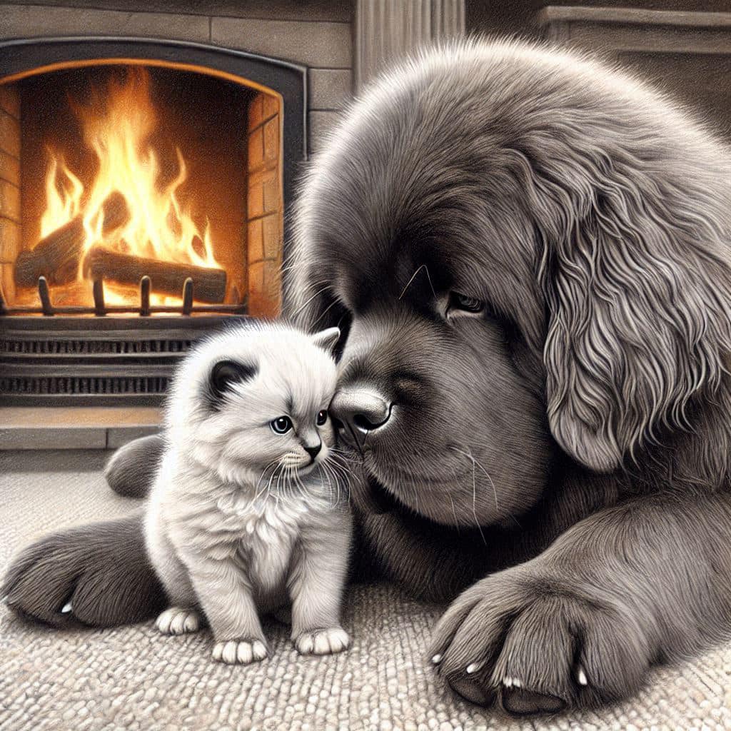 Puppy and kitten nuzzling noses by a lit fireplace in a cozy indoor setting