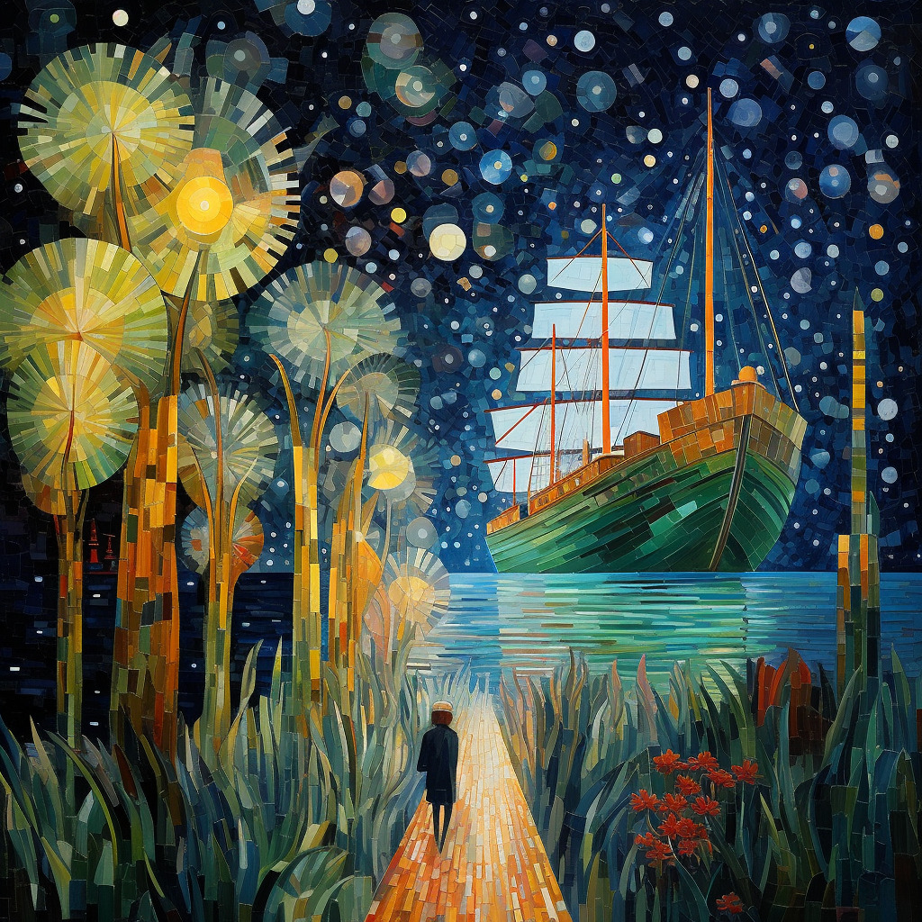 Colorful night painting of a tall ship by the water with glowing trees, stars, and a lone person on a path
