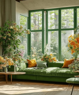 Sunlit living room with green sofa, tall windows, indoor plants and orange flowers