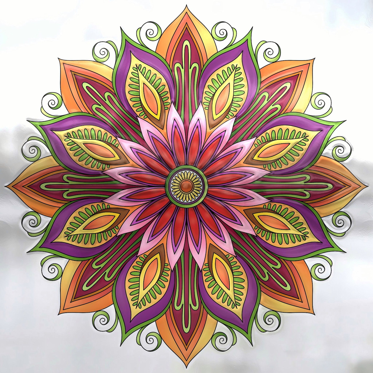 Symmetrical mandala with multi-colored layered petals and decorative swirls radiating from center
