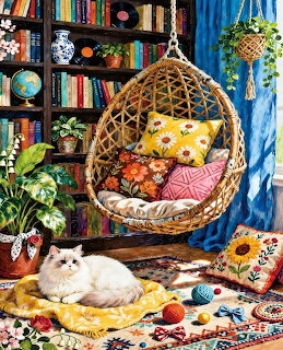 White cat lying on rug in cozy reading nook with bookshelf, hanging chair, plants, and puzzle pieces