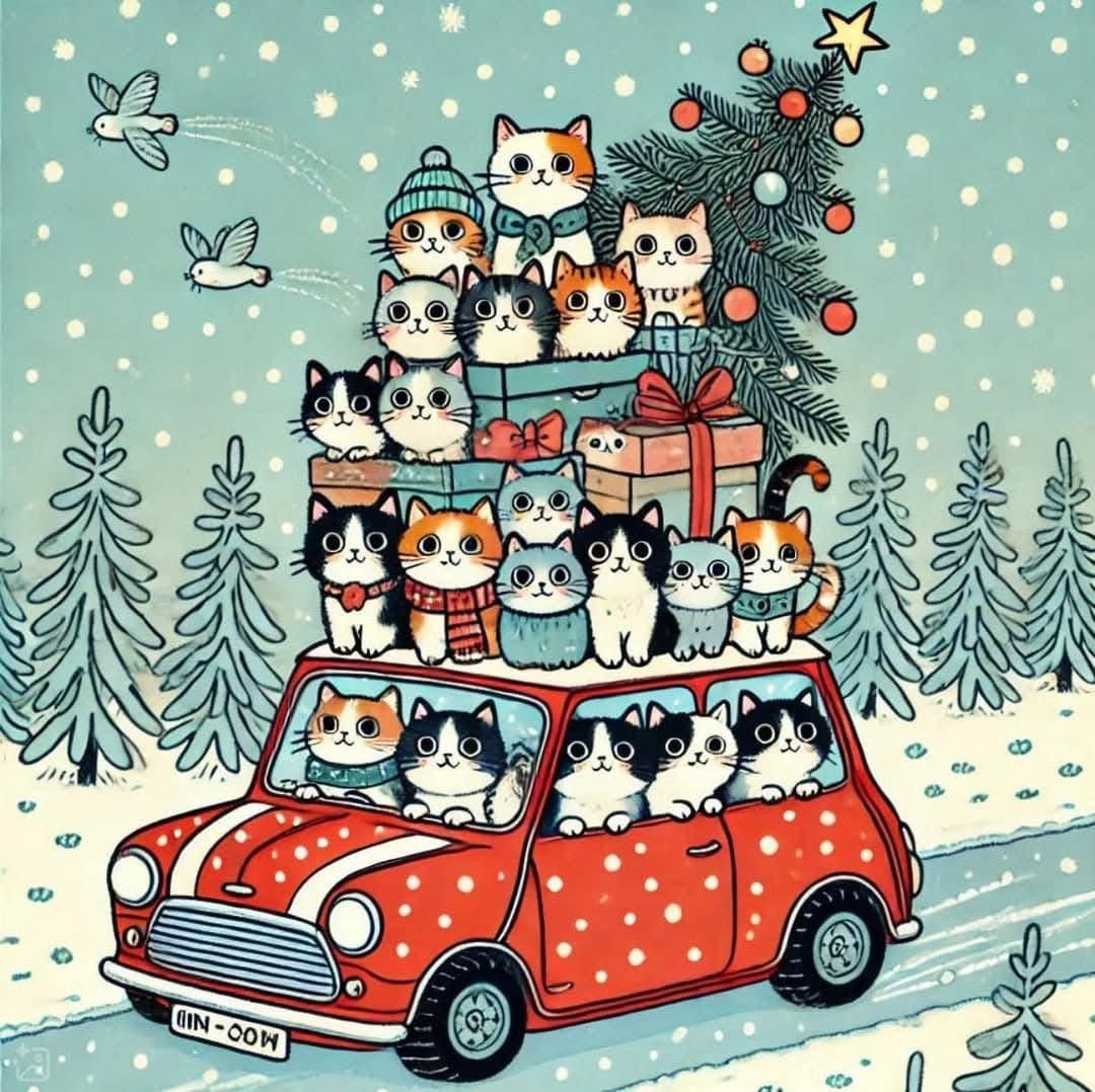 Cartoon cats piled on red polka dot car with Christmas tree on top in snowy landscape