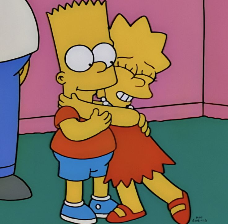 Bart Simpson hugging his sister Lisa on the couch in their home