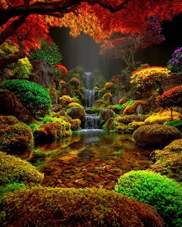 Colorful autumn garden with a small waterfall, mossy rocks, and a clear reflective stream