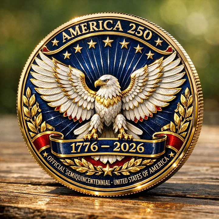 Gold America 250 commemorative coin with bald eagle, stars, and dates 1776-2026 on wooden surface