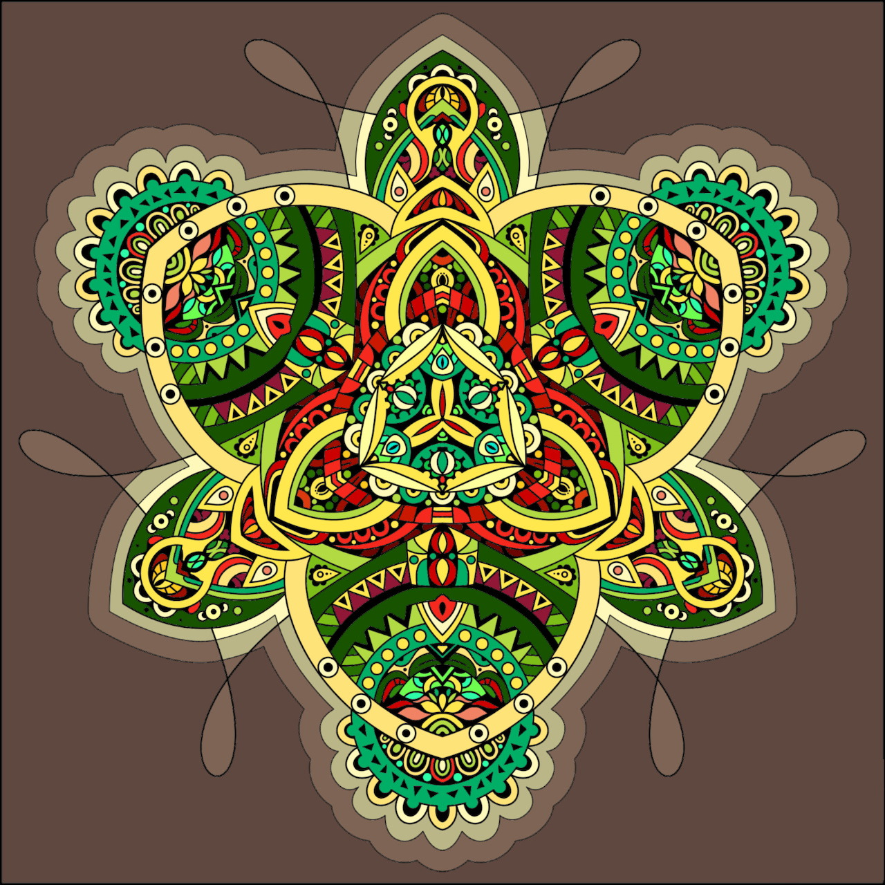 Symmetrical mandala with ornate geometric patterns in green, gold, red, and cream colors on brown background