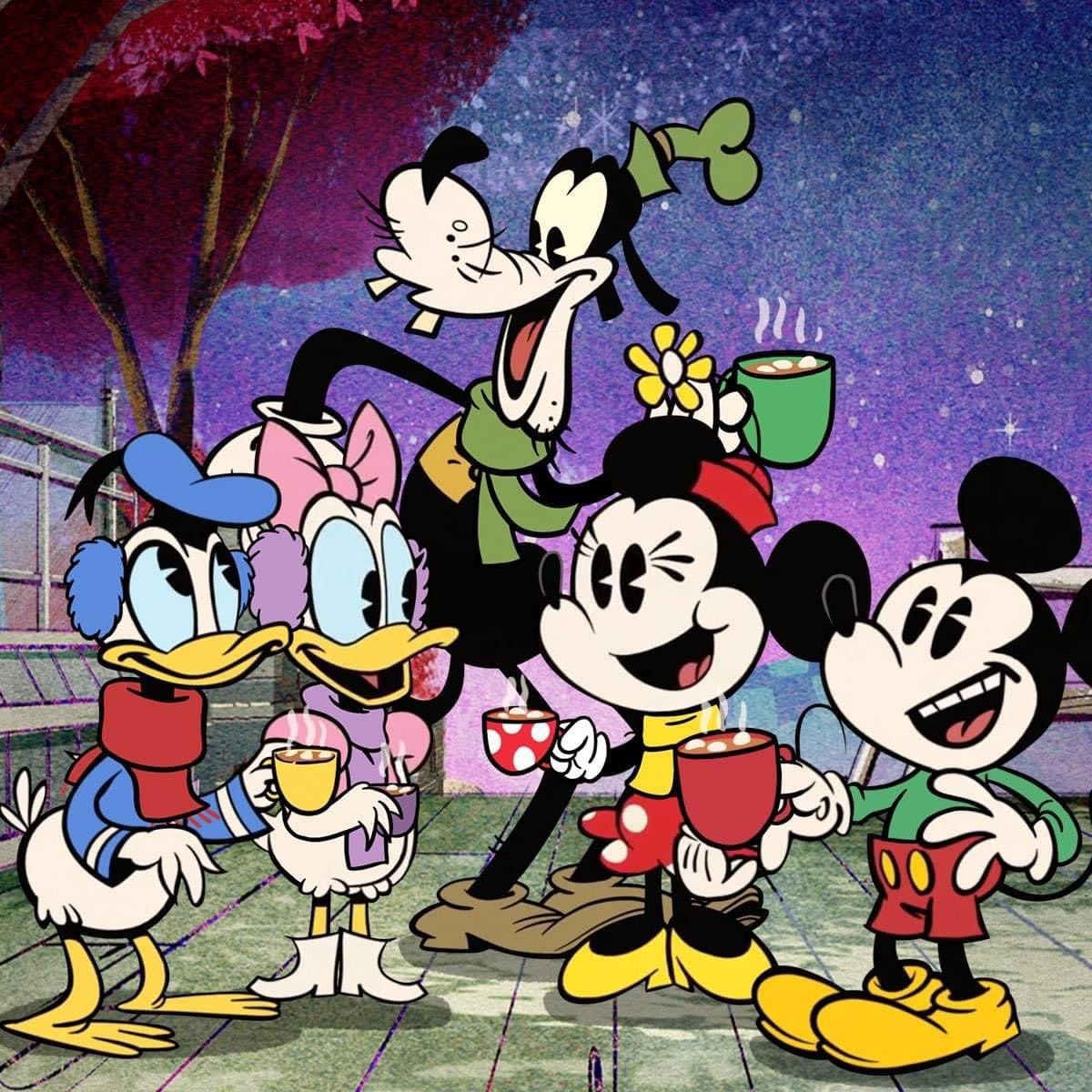 Mickey, Minnie, Donald, Daisy and Goofy holding coffee mugs in cartoon illustration with purple starry sky background