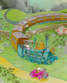 Cartoon steam train with yellow carriages traveling through green hills with sheep and flowers