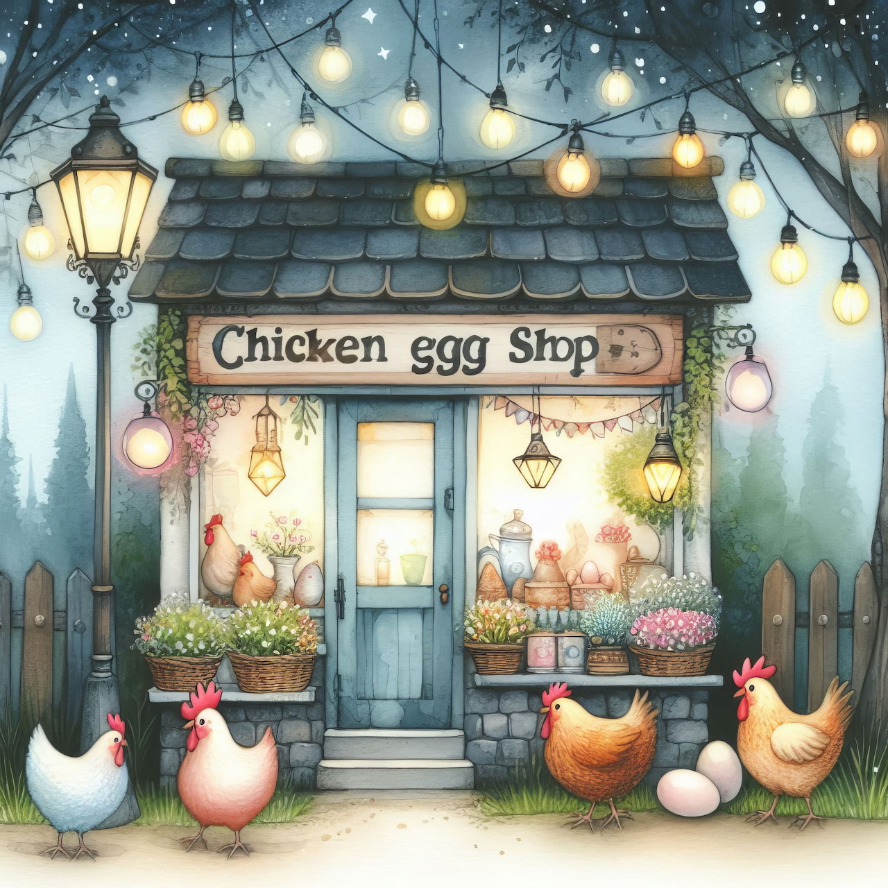 Illustrated chicken egg shop cottage with hens, eggs, baskets, and glowing string lights