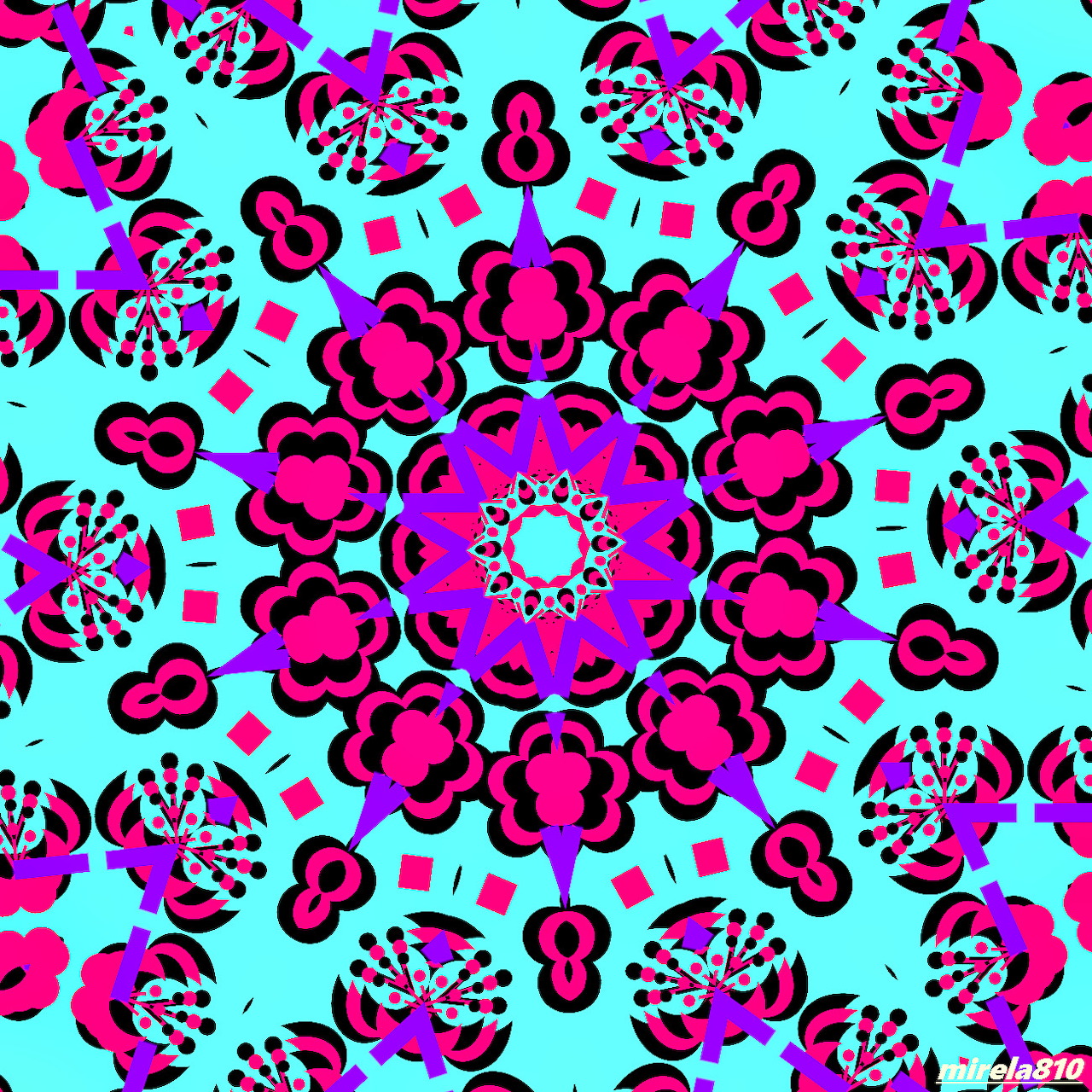 Bright symmetrical mandala with pink and purple floral patterns on turquoise background