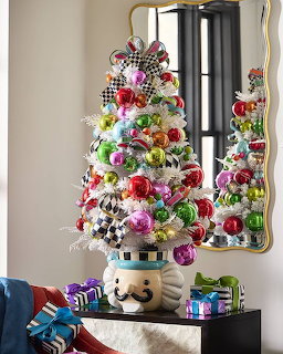 White Christmas tree with colorful ornaments and wrapped gifts below