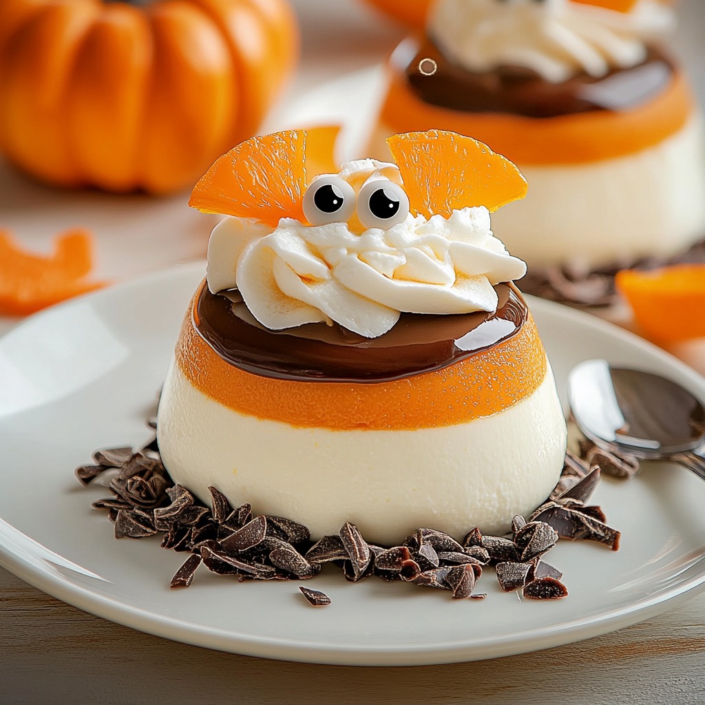 Halloween panna cotta with chocolate, whipped cream bat, candy eyes, and mandarin wings on white plate with pumpkins