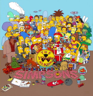 Large collage of Simpsons characters crowded together in a group scene with props on the floor