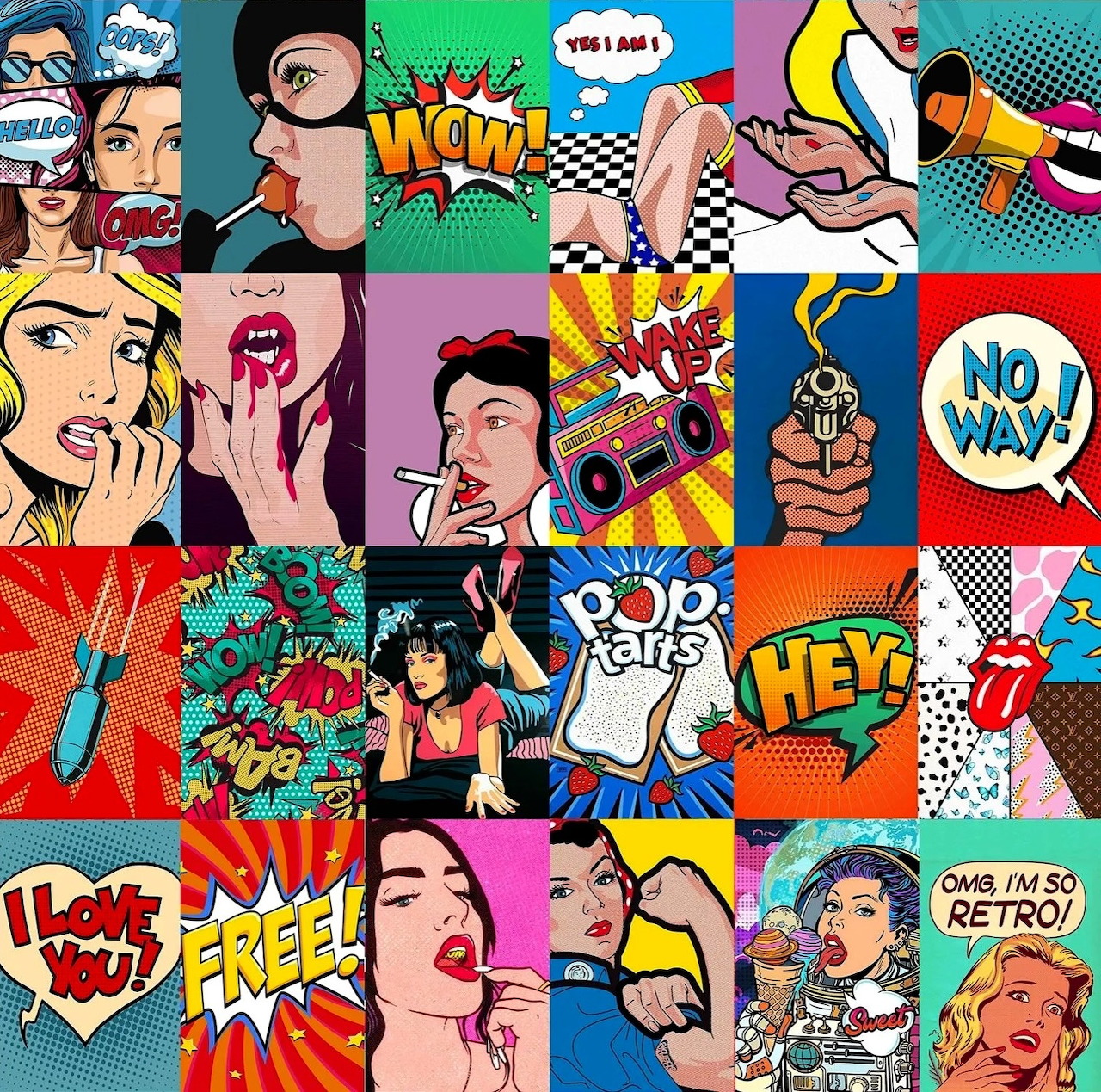 Colorful pop art style collage with comic book faces, speech bubbles, and retro graphic elements