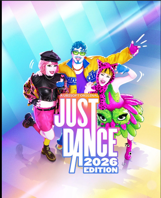 Just Dance 2026 Edition cover with three dancers in colorful outfits on a bright background