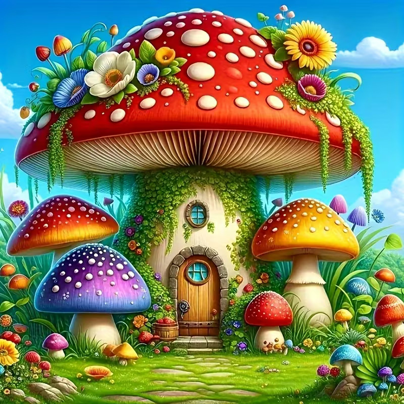 Fantasy mushroom house with a red toadstool roof, flowers, and smaller colorful mushrooms