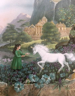 Fairy in green dress offering hand to white unicorn in magical garden with castle and mountains