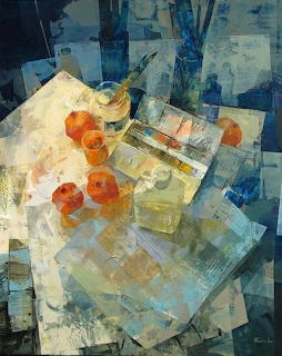 Abstract still life painting with oranges, scattered papers, and glass bottles in blue and cream tones