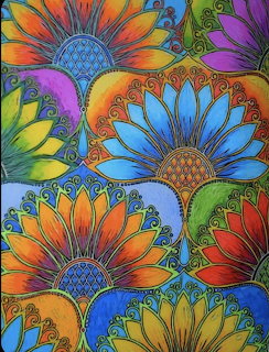 Colorful mandala flowers with rainbow petals and zentangle patterns on turquoise background