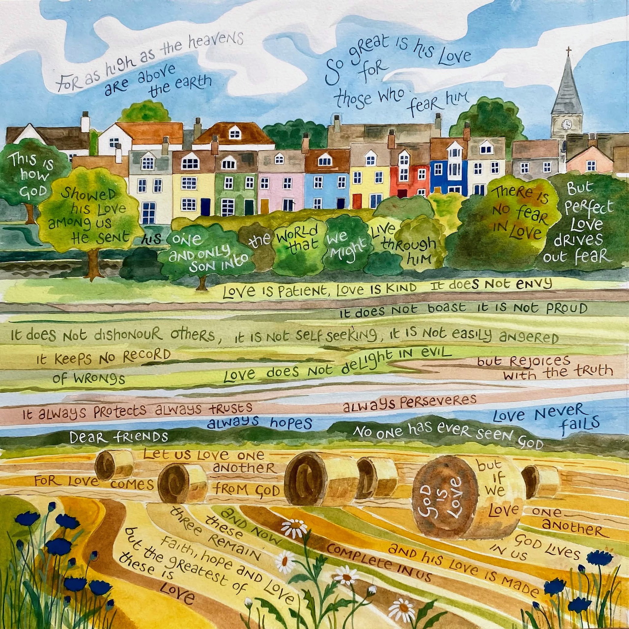 Painted village landscape with fields, flowers, houses, and handwritten words across the scene