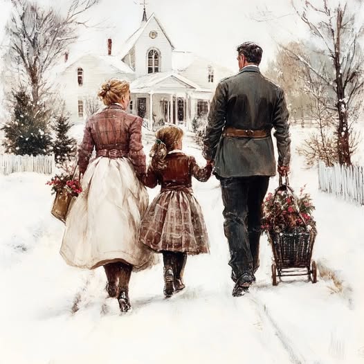 Victorian family in period clothing walking through snowy path toward white house carrying Christmas greenery