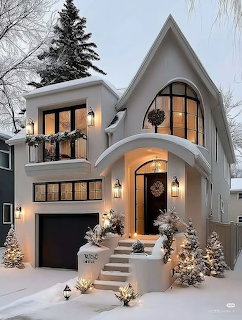 Modern white house with arched windows covered in snow, decorated with wreaths and warm lighting at dusk