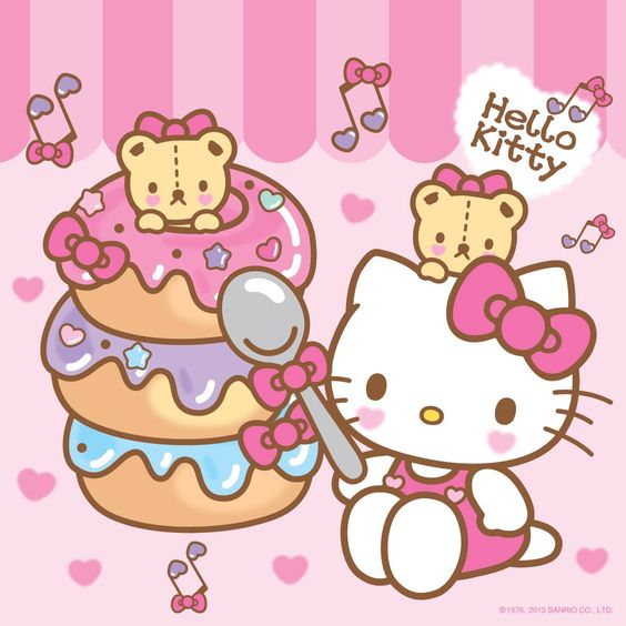 Hello Kitty with pink bow next to colorful stacked macarons on pink striped background with hearts