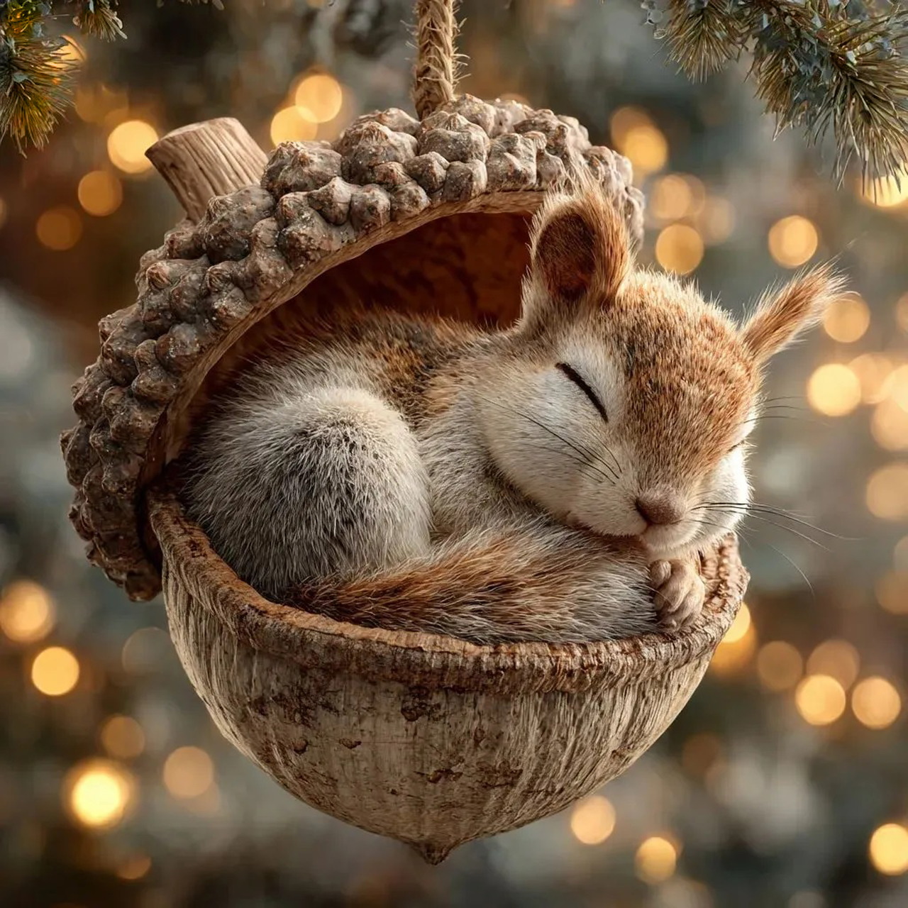Squirrel sleeping in hanging acorn ornament with knitted cap against Christmas lights