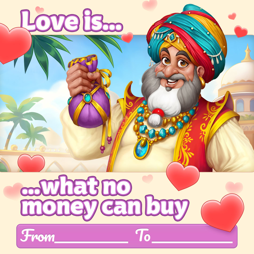 Cartoon bearded man in a jeweled turban holding a purple gift bag with hearts and romantic text