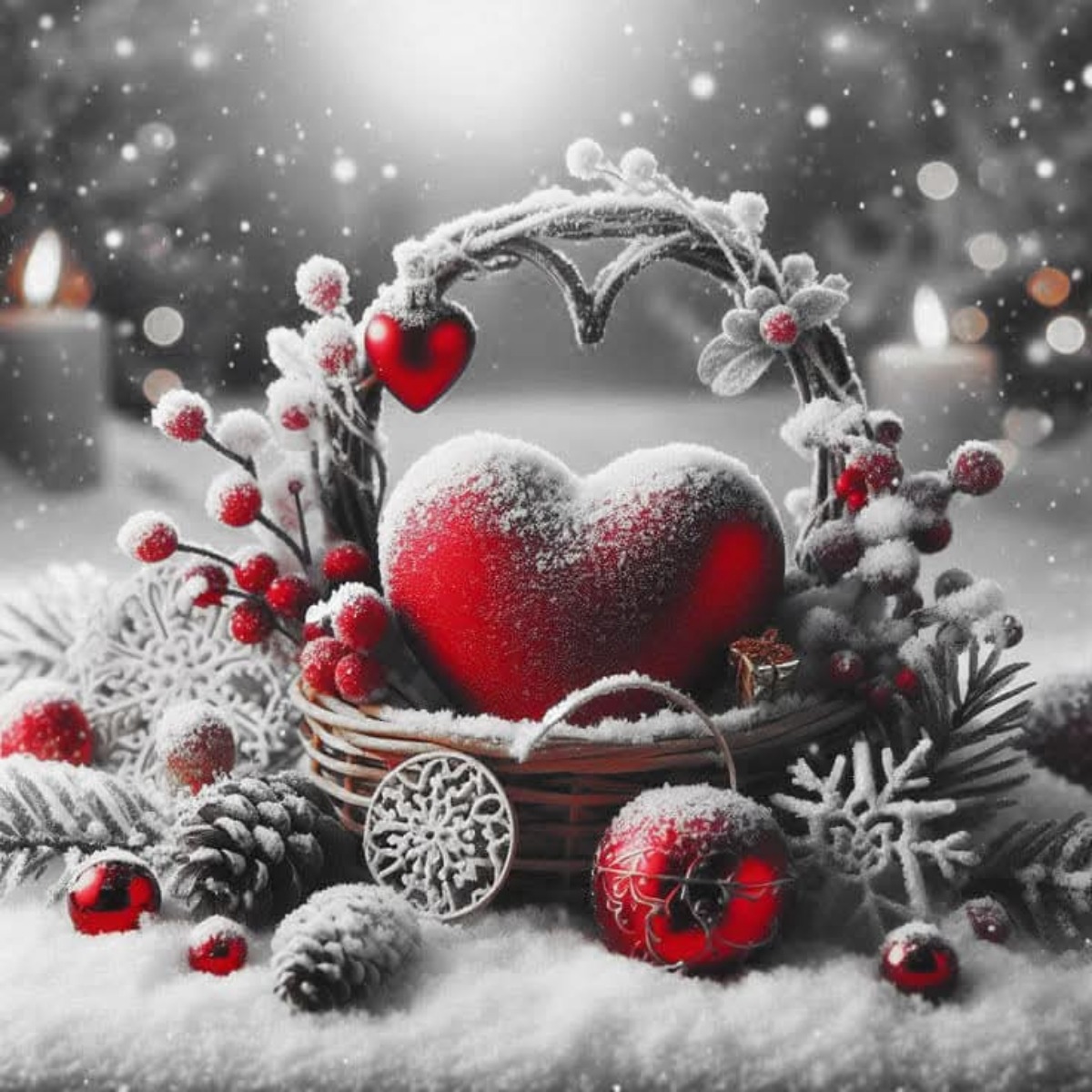 Red heart-shaped Christmas ornaments surrounded by snow-covered pine branches, berries, and pinecones